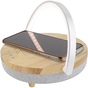 Prixton 4-in-1 10W Bluetooth® speaker with LED light and wireless charging base, wood