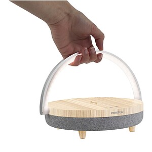 Prixton 4-in-1 10W Bluetooth® speaker with LED light and wireless charging base, wood