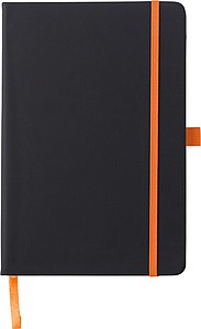 PU notebook (approx. A5) with 96 lined pages, ribbon marker, and elastic band over the cover.