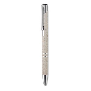 Push button ball pen in 50% wheat straw and 50% ABS material with silver fittings. Blue ink.
