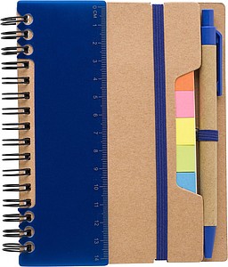 Recycled paper, wire bound notebook with 60 lined pages, ruler and ballpen with blue ink.