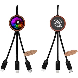 SCX.design C37 40W 5-in-1 rPET light-up logo charging cable with round wooden casing, wood