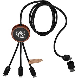 SCX.design C37 40W 5-in-1 rPET light-up logo charging cable with round wooden casing, wood