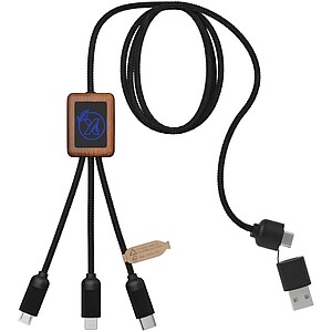 SCX.design C38 40W 5-in-1 rPET light-up logo charging cable with squared wooden casing, blue