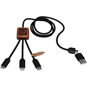SCX.design C38 40W 5-in-1 rPET light-up logo charging cable with squared wooden casing, red
