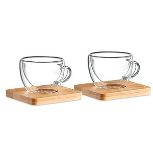 Set of 2 double wall espresso glasses with bamboo saucer. Presented in Kraft paper box.