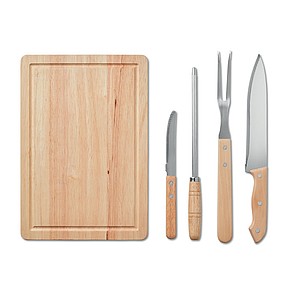 Set of 4 stainless steel barbecue grilling accessories with cutting board in polyester pouch.