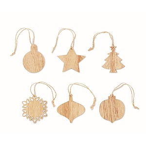 Set of 6 beech wooden Christmas ornaments