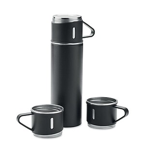 Set of double wall stainless steel vacuum insulated flask with leak-free cup lid and 2 additional cups