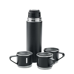 Set of double wall stainless steel vacuum insulated flask with leak-free cup lid and 2 additional cups
