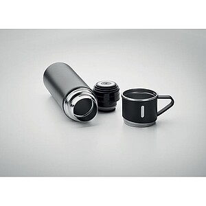 Set of double wall stainless steel vacuum insulated flask with leak-free cup lid and 2 additional cups