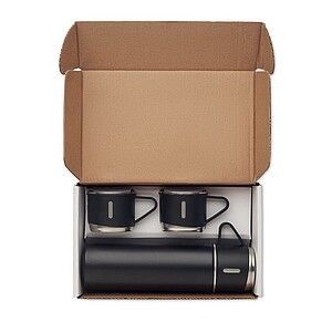 Set of double wall stainless steel vacuum insulated flask with leak-free cup lid and 2 additional cups
