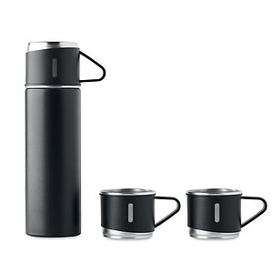 Set of double wall stainless steel vacuum insulated flask with leak-free cup lid and 2 additional cups