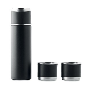 Set of double wall stainless steel vacuum insulated flask with leak-free cup lid and 2 additional cups