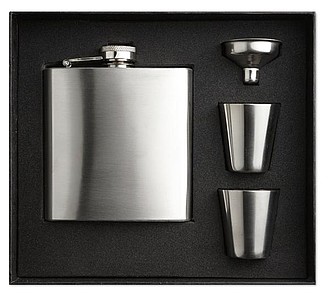 Slim hip flask w 2 cups set, matt silver