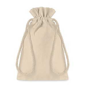 Small gift cotton draw cord bag. Size approx. 14 x 22cm. 105 gr/m2.