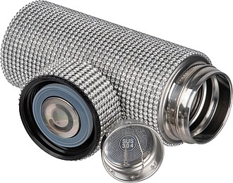 Small stainless steel drinking bottle with rhinestone accents, grey