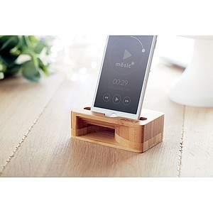 Smartphone stand and amplifier in bamboo material.