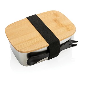 Stainless steel lunchbox with bamboo lid and spork, silver
