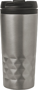 Stainless steel travel mug (300 ml) with black lid, also available with coloured stainless steel.