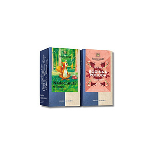 The gift set includes a pack of two Sonnentor teas. Happiness is family well-being and Breathing in the forest