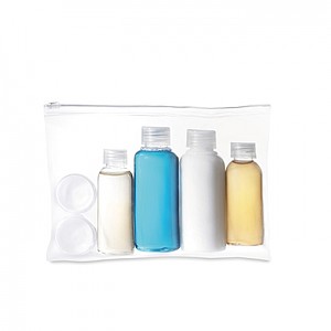 Travelling pouch with bottles, transparent