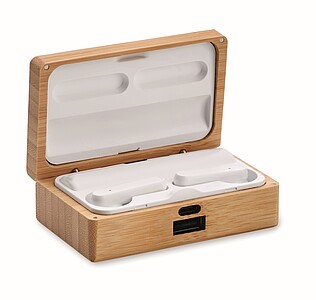 TWS earbuds in bamboo case, wood