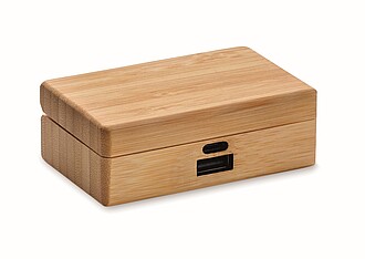 TWS earbuds in bamboo case, wood