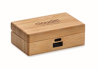 TWS earbuds in bamboo case, wood