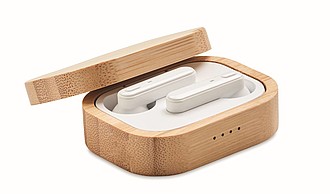 TWS earbuds in bamboo case