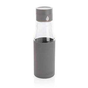 Ukiyo glass hydration tracking bottle with sleeve