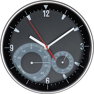 Wall clock with hygro and thermometer, black