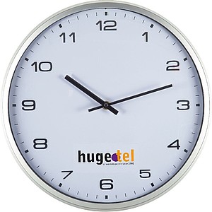 Wall clock with silver frame and click system, white