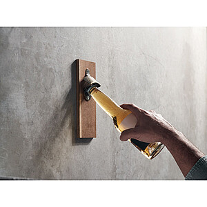 Wall mounted bottle opener in acacia wood and iron