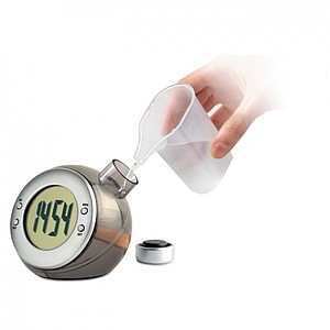 Water powered LCD desk clock, matt silver