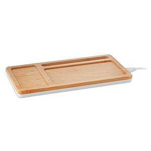 Wireless charger storage box with bamboo top, USB hub and smartphone stand/holder.