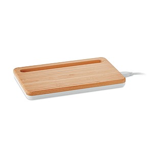 Wireless charger with bamboo top, USB hub and smartphone stand/holder. USB output DC5V/1A.