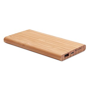 Wireless charging and power bank with 6000 mAh capacity in Bamboo casing. Includes Type C connector.